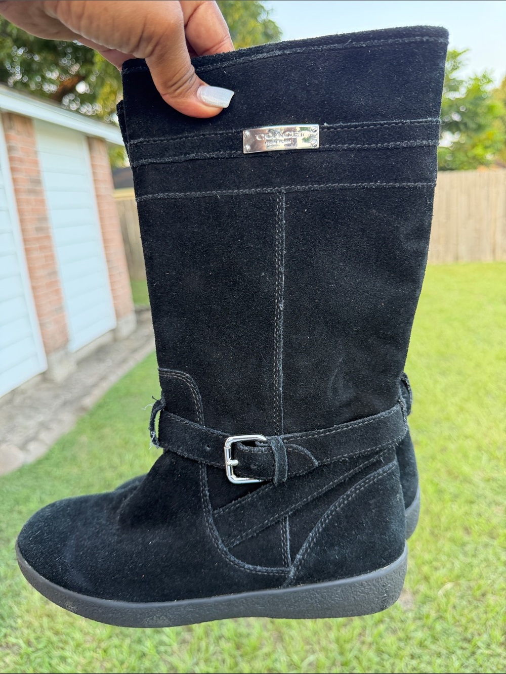 Coach Black Suede Mid-Calf Buckle Boots